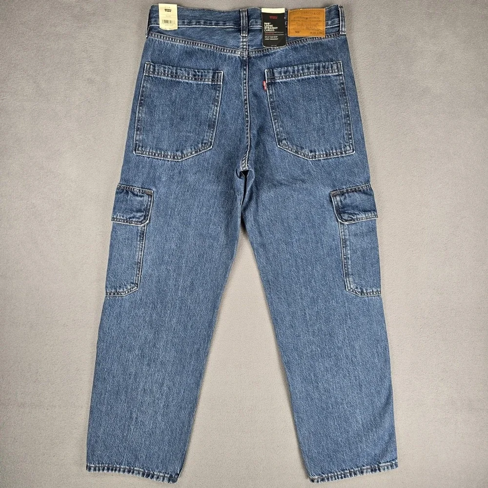 Levis Premium 568‎ Jeans Mens 30x30 Blue Loose Straight Cargo Denim Pants NWT